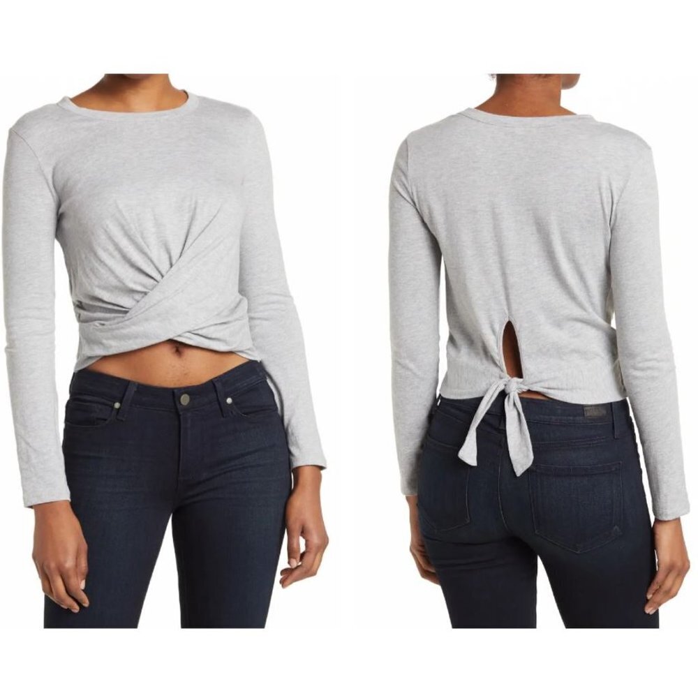 NWT New Frayed Romi Twist Front Tie Back Crop Grey Top Size L